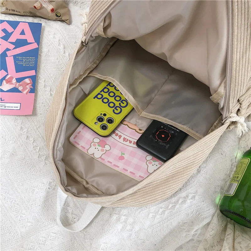 New Female Kawaii Corduroy Laptop College Backpack Trendy Girl Green Cool Cute Bag Fashion Women School Bag Lady Travel Backpack