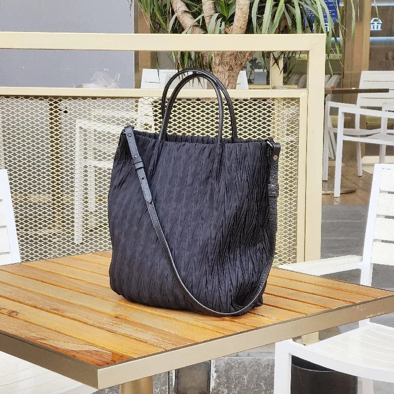 New Folds Nylon Patchwork Genuine Leather Women Bags Fashion Simple Large Capacity Shoulder Crossbody Portable Purse Chic Bolsas
