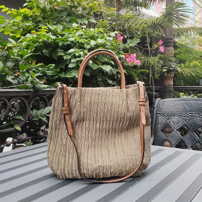 New Folds Nylon Patchwork Genuine Leather Women Bags Fashion Simple Large Capacity Shoulder Crossbody Portable Purse Chic Bolsas