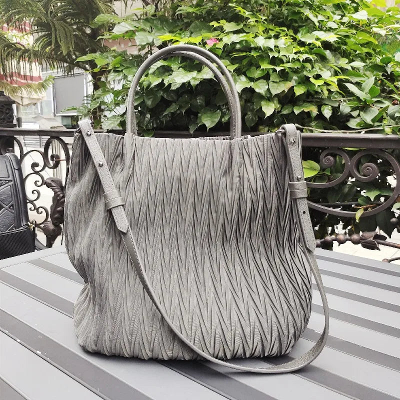 New Folds Nylon Patchwork Genuine Leather Women Bags Fashion Simple Large Capacity Shoulder Crossbody Portable Purse Chic Bolsas
