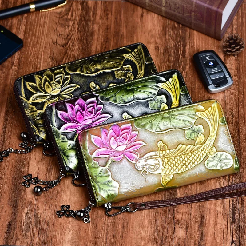 New Genuine Embossed Leather Women Long Wallet Floral Fish Pattern Handy Chinese Style Clutch Zipper Bag Female Wrist Purse
