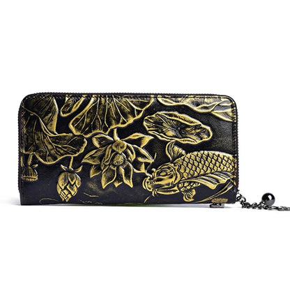 New Genuine Embossed Leather Women Long Wallet Floral Fish Pattern Handy Chinese Style Clutch Zipper Bag Female Wrist Purse