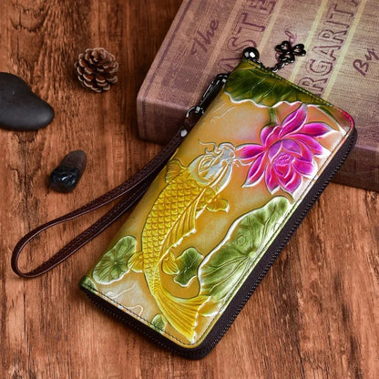 New Genuine Embossed Leather Women Long Wallet Floral Fish Pattern Handy Chinese Style Clutch Zipper Bag Female Wrist Purse