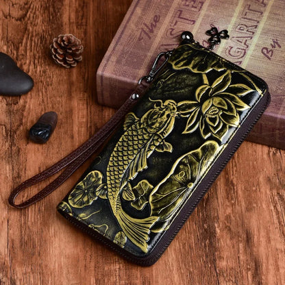 New Genuine Embossed Leather Women Long Wallet Floral Fish Pattern Handy Chinese Style Clutch Zipper Bag Female Wrist Purse