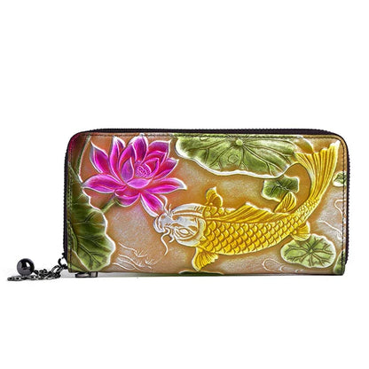 New Genuine Embossed Leather Women Long Wallet Floral Fish Pattern Handy Chinese Style Clutch Zipper Bag Female Wrist Purse