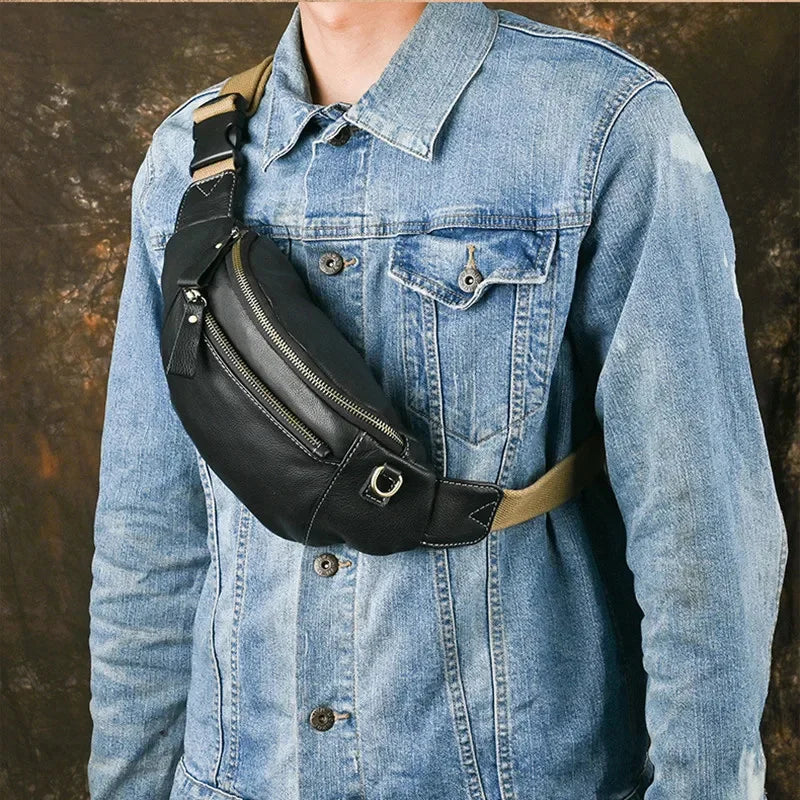 New Genuine Leather Chest For Men Vintage Waist Crossbody Luxury Fanny Pack Male Strap Shoulder Bag