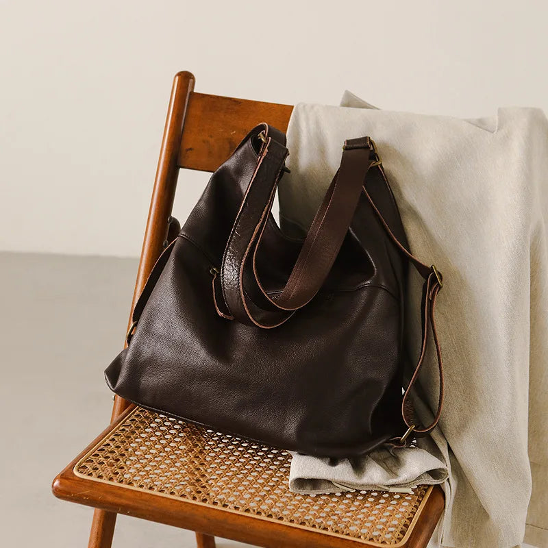 New Genuine Leather Cowhide Women Bags Simple All-match Large Capacity Shoulder Bag Versatile Casual Backpacks Vintage Bolsas