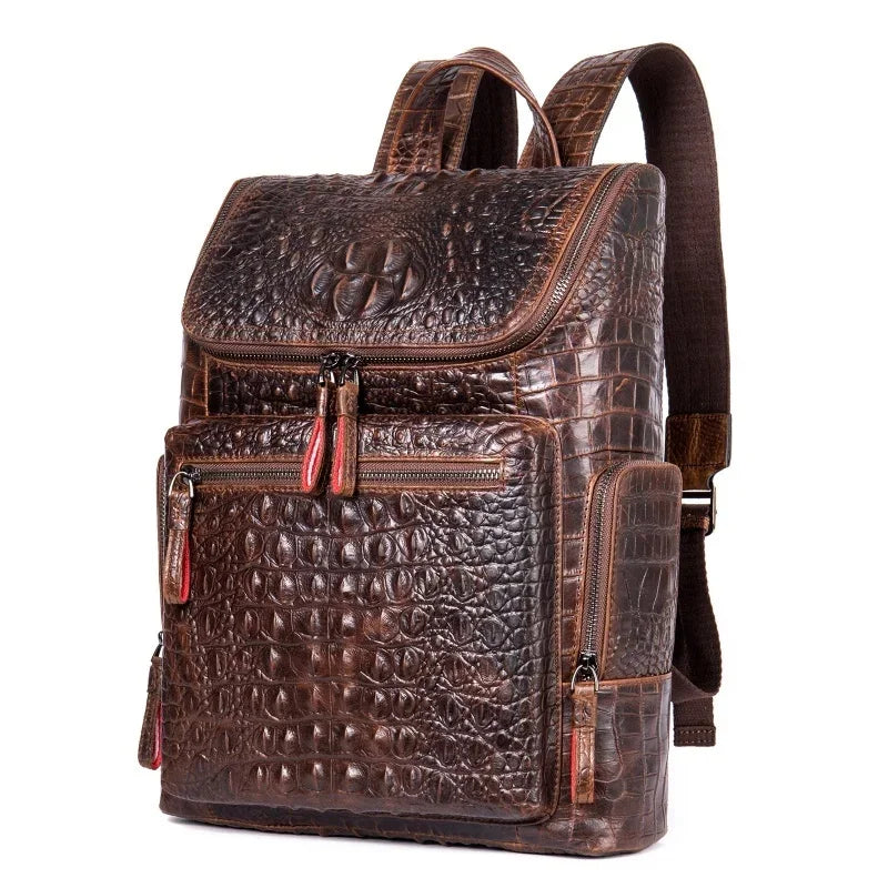 New Genuine Leather Crocodile Pattern Men Luxury Business age Male Large Capacity Travel Backpack