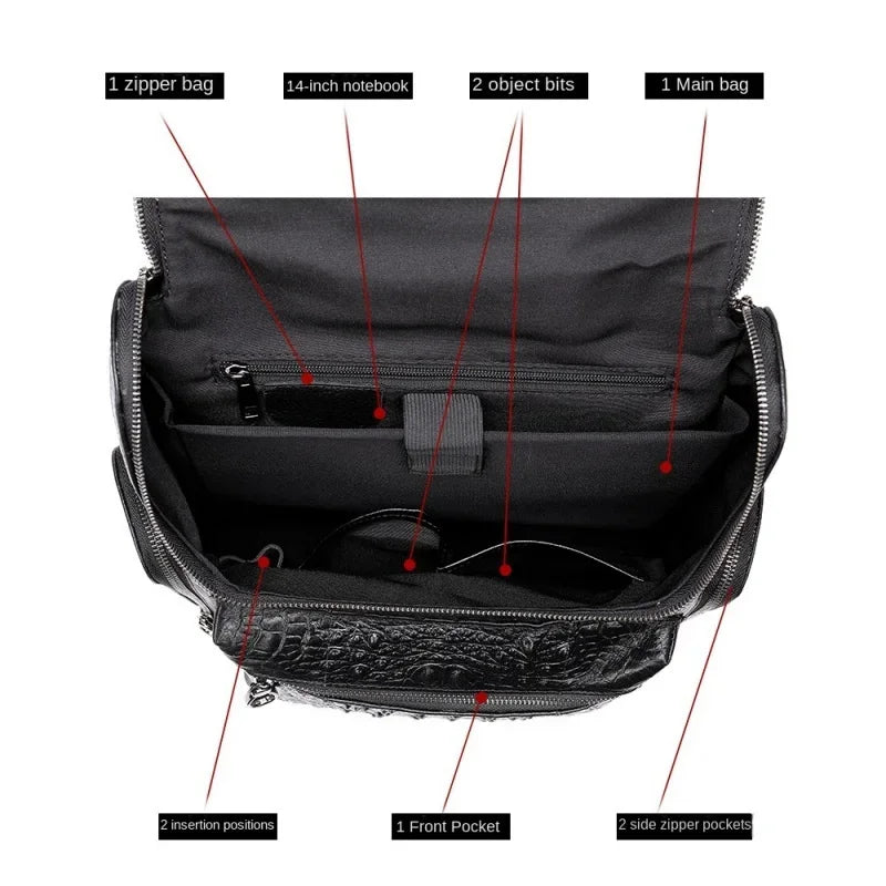 New Genuine Leather Crocodile Pattern Men Luxury Business age Male Large Capacity Travel Backpack