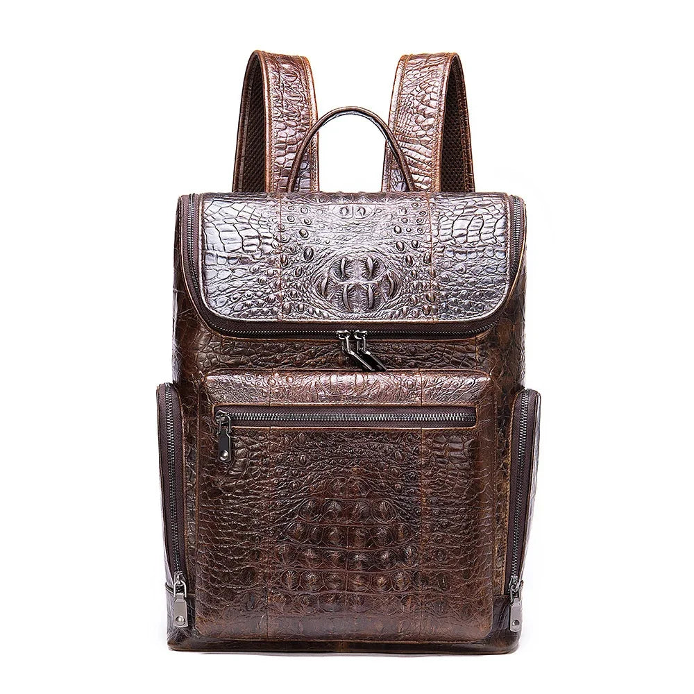 New Genuine Leather Crocodile Pattern Men Luxury Business age Male Large Capacity Travel Backpack