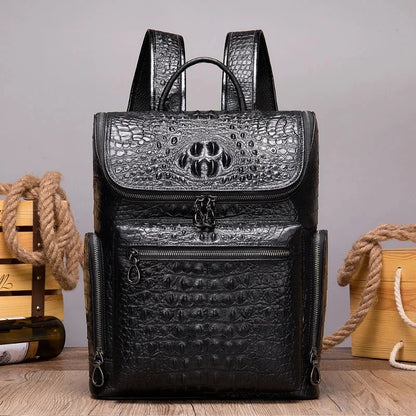New Genuine Leather Crocodile Pattern Men Luxury Business age Male Large Capacity Travel Backpack