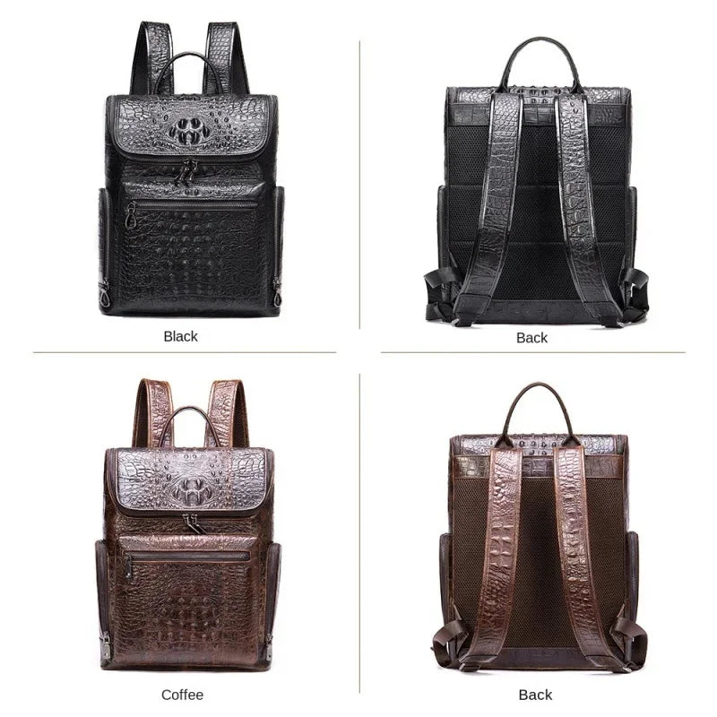 New Genuine Leather Crocodile Pattern Men Luxury Business age Male Large Capacity Travel Backpack