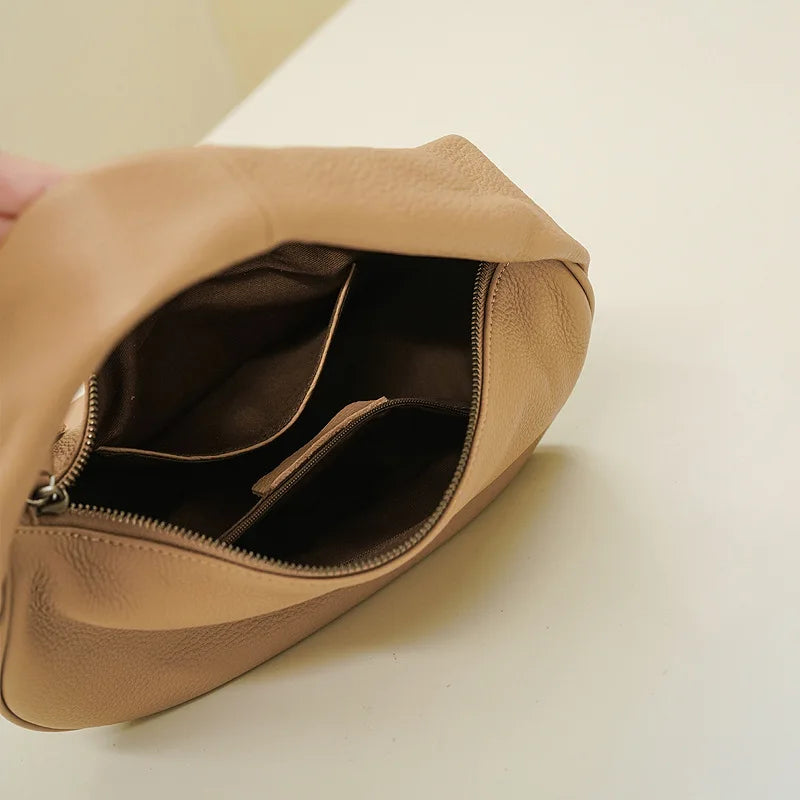 New Genuine Leather Handbags Female All-match Solid Soft Cowhide Hobos Fashion Commuter Purses Clutch Light Luxury Bolsas