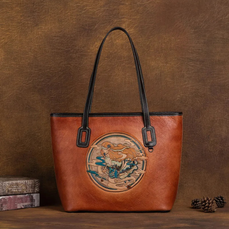 New Genuine Leather Handbags High Quality Large Capacity Tote Bag Designer Emboss Pattern Shoulder Bag Female Vintage Handbags