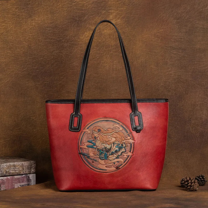 New Genuine Leather Handbags High Quality Large Capacity Tote Bag Designer Emboss Pattern Shoulder Bag Female Vintage Handbags