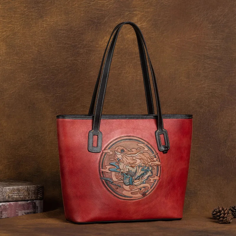 New Genuine Leather Handbags High Quality Large Capacity Tote Bag Designer Emboss Pattern Shoulder Bag Female Vintage Handbags
