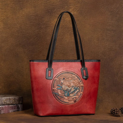 New Genuine Leather Handbags High Quality Large Capacity Tote Bag Designer Emboss Pattern Shoulder Bag Female Vintage Handbags