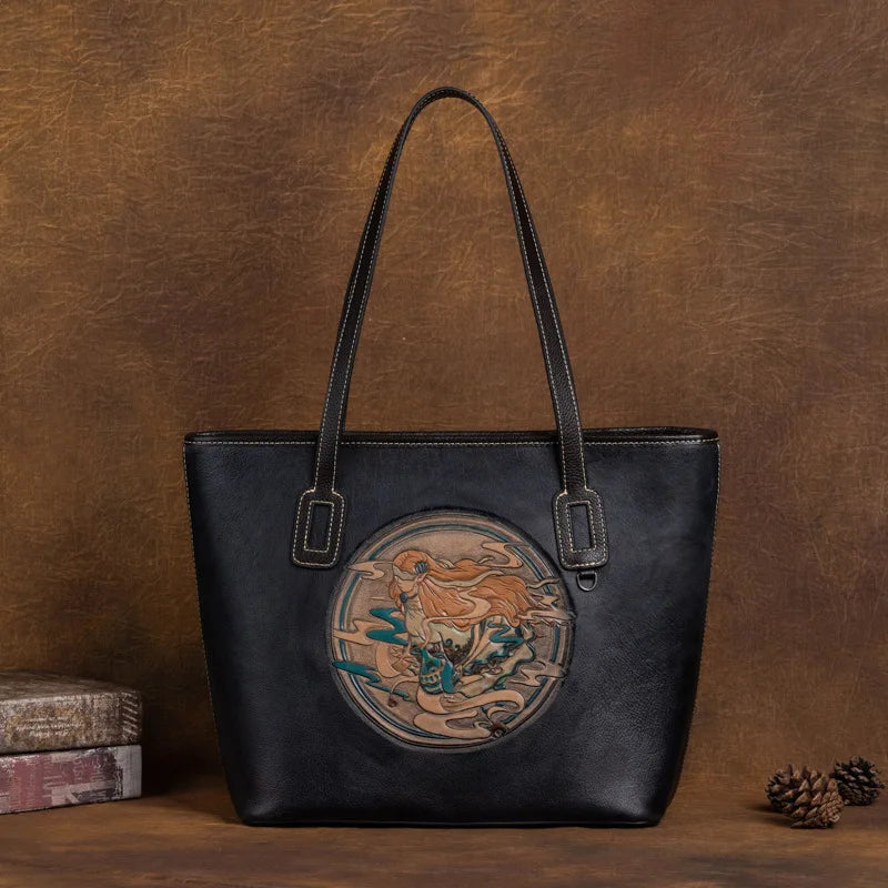 New Genuine Leather Handbags High Quality Large Capacity Tote Bag Designer Emboss Pattern Shoulder Bag Female Vintage Handbags