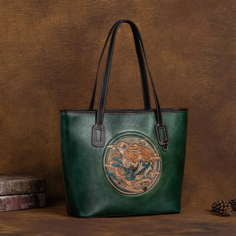 New Genuine Leather Handbags High Quality Large Capacity Tote Bag Designer Emboss Pattern Shoulder Bag Female Vintage Handbags