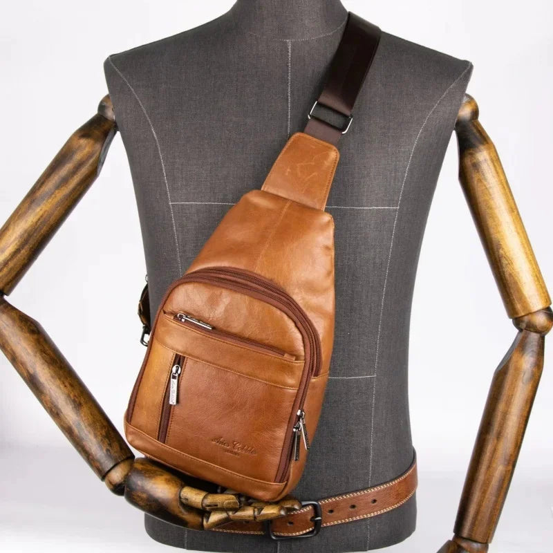 New Genuine Leather Men's Chest Vintage Cowhide Crossbody Large Capacity Male Shoulder Messenger Casual Sling Bag