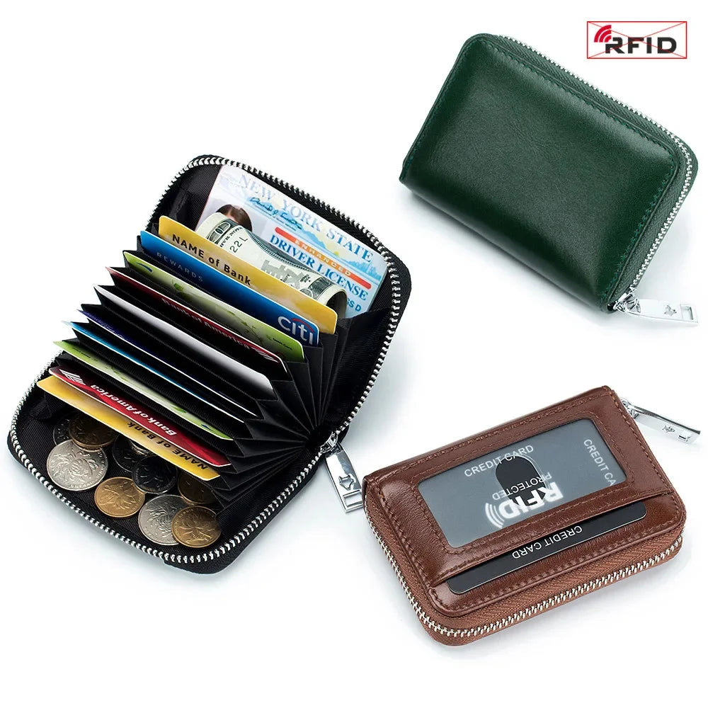 New Genuine Leather Men's Wallet with Multiple Card Slots, RFID Blocking, Large Capacity, Vegetable-Tanned Leather, Zipper