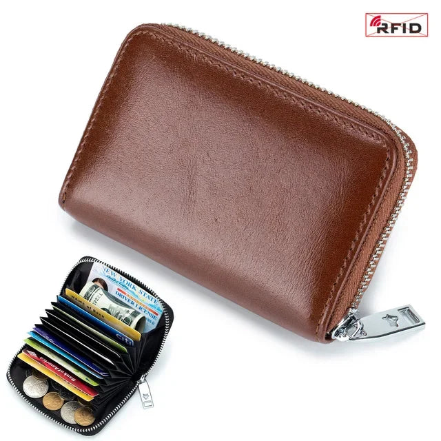 New Genuine Leather Men's Wallet with Multiple Card Slots, RFID Blocking, Large Capacity, Vegetable-Tanned Leather, Zipper