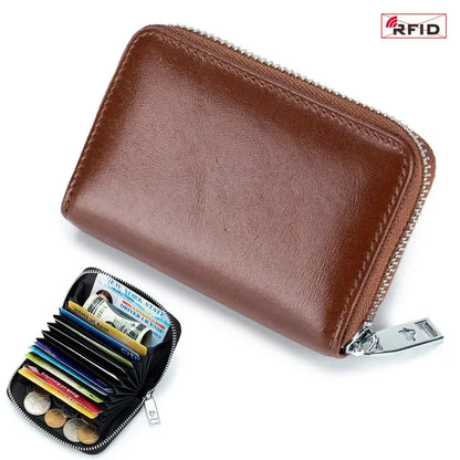 New Genuine Leather Men's Wallet with Multiple Card Slots, RFID Blocking, Large Capacity, Vegetable-Tanned Leather, Zipper