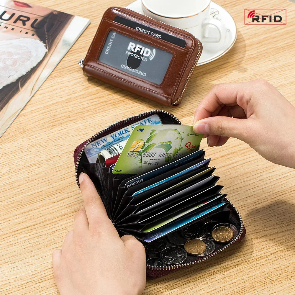 New Genuine Leather Men's Wallet with Multiple Card Slots, RFID Blocking, Large Capacity, Vegetable-Tanned Leather, Zipper