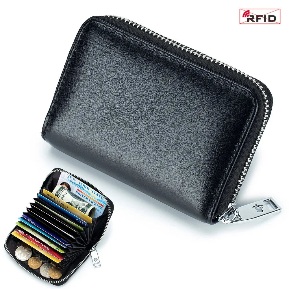 New Genuine Leather Men's Wallet with Multiple Card Slots, RFID Blocking, Large Capacity, Vegetable-Tanned Leather, Zipper
