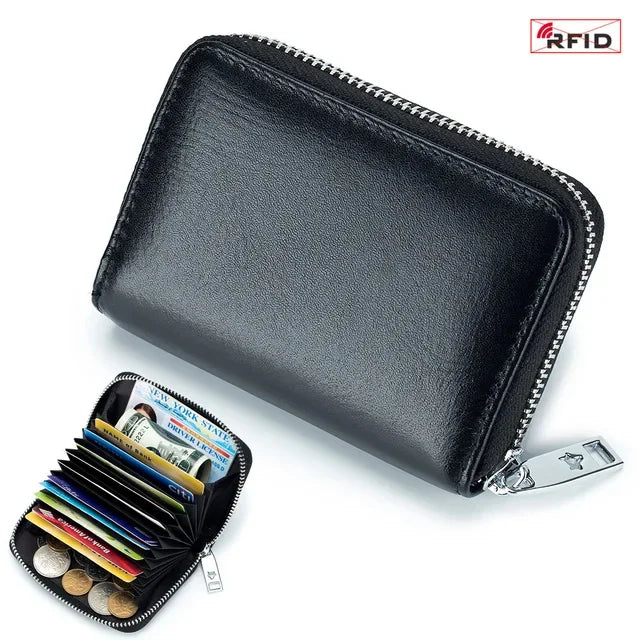 New Genuine Leather Men's Wallet with Multiple Card Slots, RFID Blocking, Large Capacity, Vegetable-Tanned Leather, Zipper
