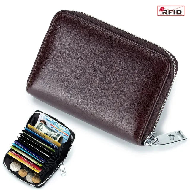 New Genuine Leather Men's Wallet with Multiple Card Slots, RFID Blocking, Large Capacity, Vegetable-Tanned Leather, Zipper