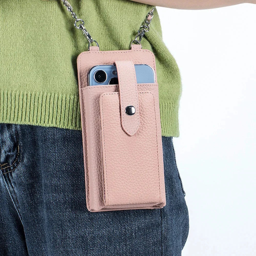 New Genuine Leather Women Shoulder Crossbody s Small Handbag Ladies Mobile Phone Cross Body Chain Bag for iPhone 14 Pro