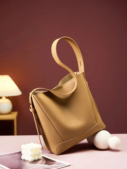 New Genuine Leather Women's Crossbody One Shoulder Large Capacity Bucket Bag