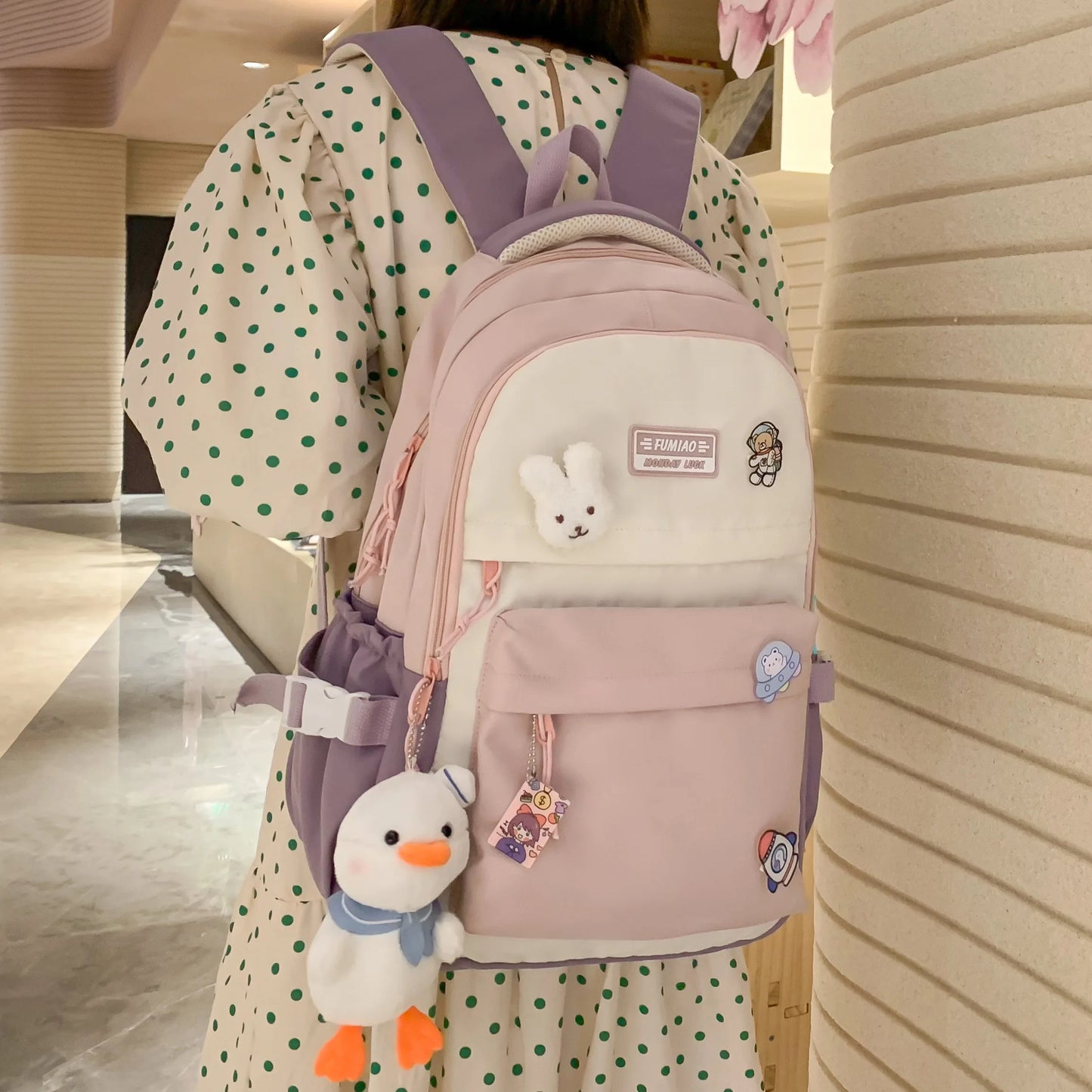 New Girl Travel Laptop Kawaii Backpack Female Trendy Teenager Badge Book Bag Women Leisure School Bag Lady Nylon College Fashion