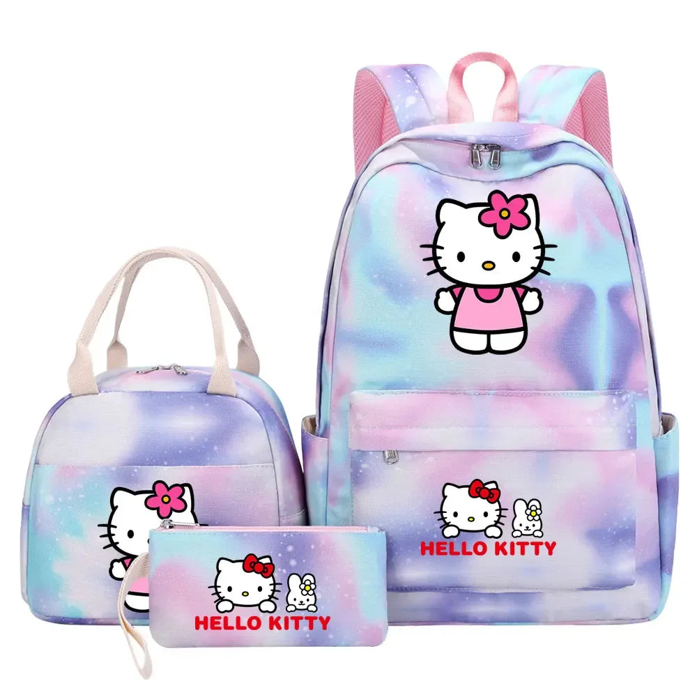 New Hello Kitty Printed Girls Kids Pen Lunch Bags Bookbags 3 Pcs Women Teenagers Schoolbags Travel Laptop Rainbow Backpack