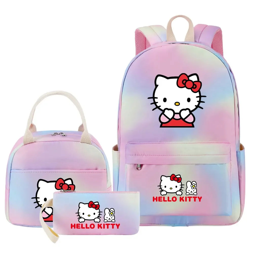 New Hello Kitty Printed Girls Kids Pen Lunch Bags Bookbags 3 Pcs Women Teenagers Schoolbags Travel Laptop Rainbow Backpack