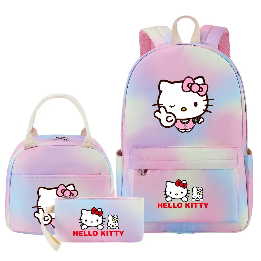New Hello Kitty Printed Girls Kids Pen Lunch Bags Bookbags 3 Pcs Women Teenagers Schoolbags Travel Laptop Rainbow Backpack