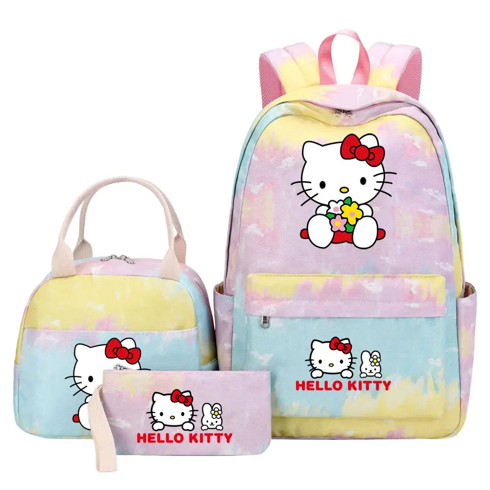New Hello Kitty Printed Girls Kids Pen Lunch Bags Bookbags 3 Pcs Women Teenagers Schoolbags Travel Laptop Rainbow Backpack