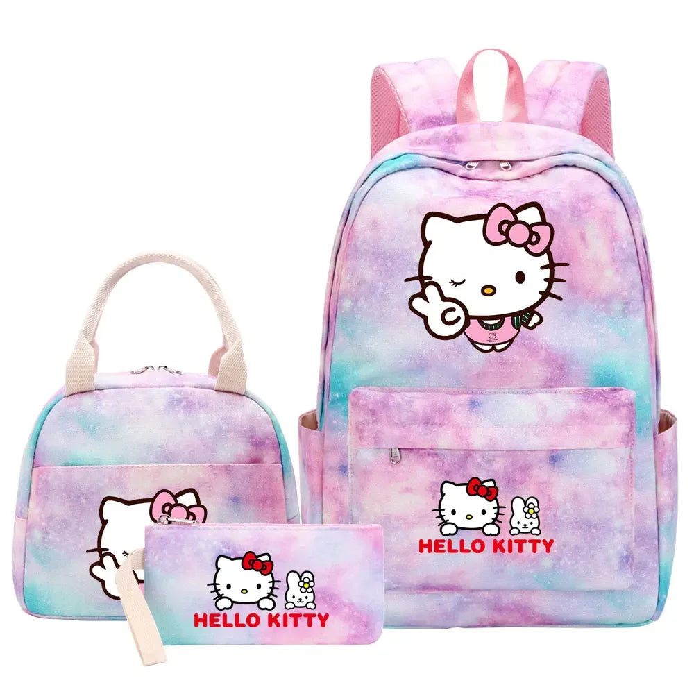 New Hello Kitty Printed Girls Kids Pen Lunch Bags Bookbags 3 Pcs Women Teenagers Schoolbags Travel Laptop Rainbow Backpack