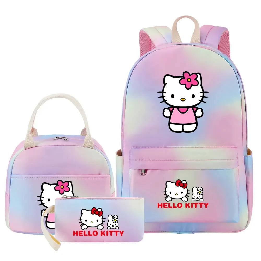 New Hello Kitty Printed Girls Kids Pen Lunch Bags Bookbags 3 Pcs Women Teenagers Schoolbags Travel Laptop Rainbow Backpack