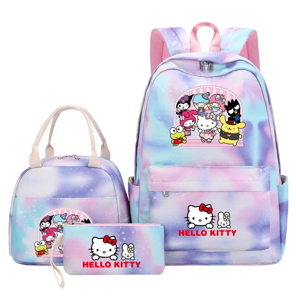 New Hello Kitty Printed Girls Kids Pen Lunch Bags Bookbags 3 Pcs Women Teenagers Schoolbags Travel Laptop Rainbow Backpack