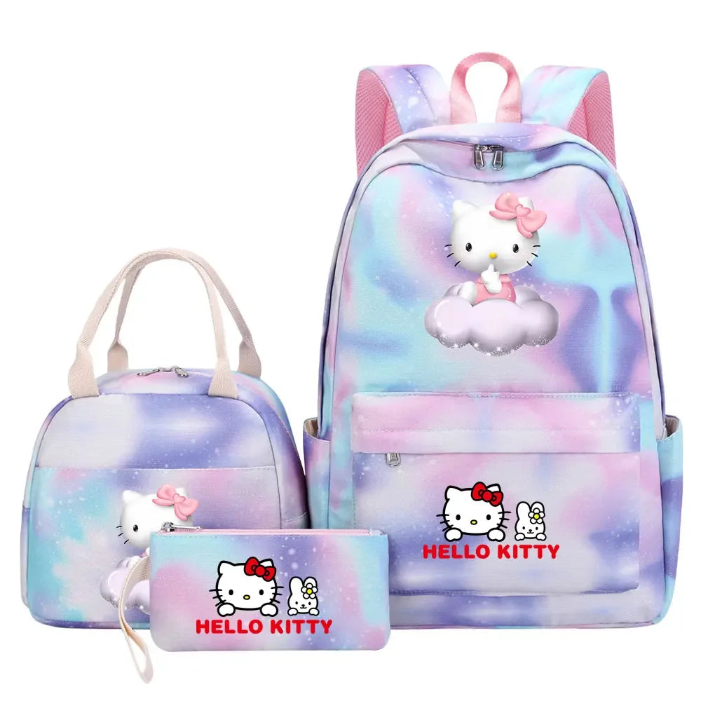 New Hello Kitty Printed Girls Kids Pen Lunch Bags Bookbags 3 Pcs Women Teenagers Schoolbags Travel Laptop Rainbow Backpack