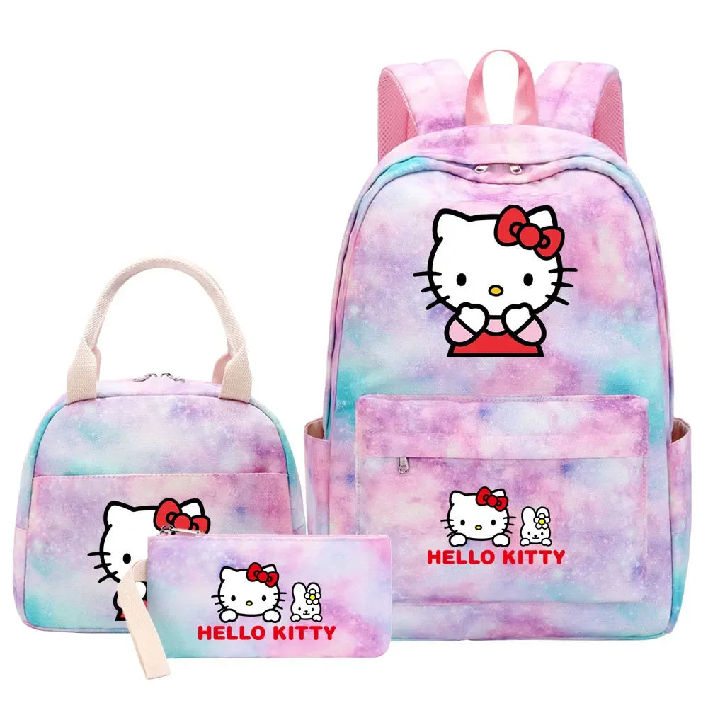 New Hello Kitty Printed Girls Kids Pen Lunch Bags Bookbags 3 Pcs Women Teenagers Schoolbags Travel Laptop Rainbow Backpack