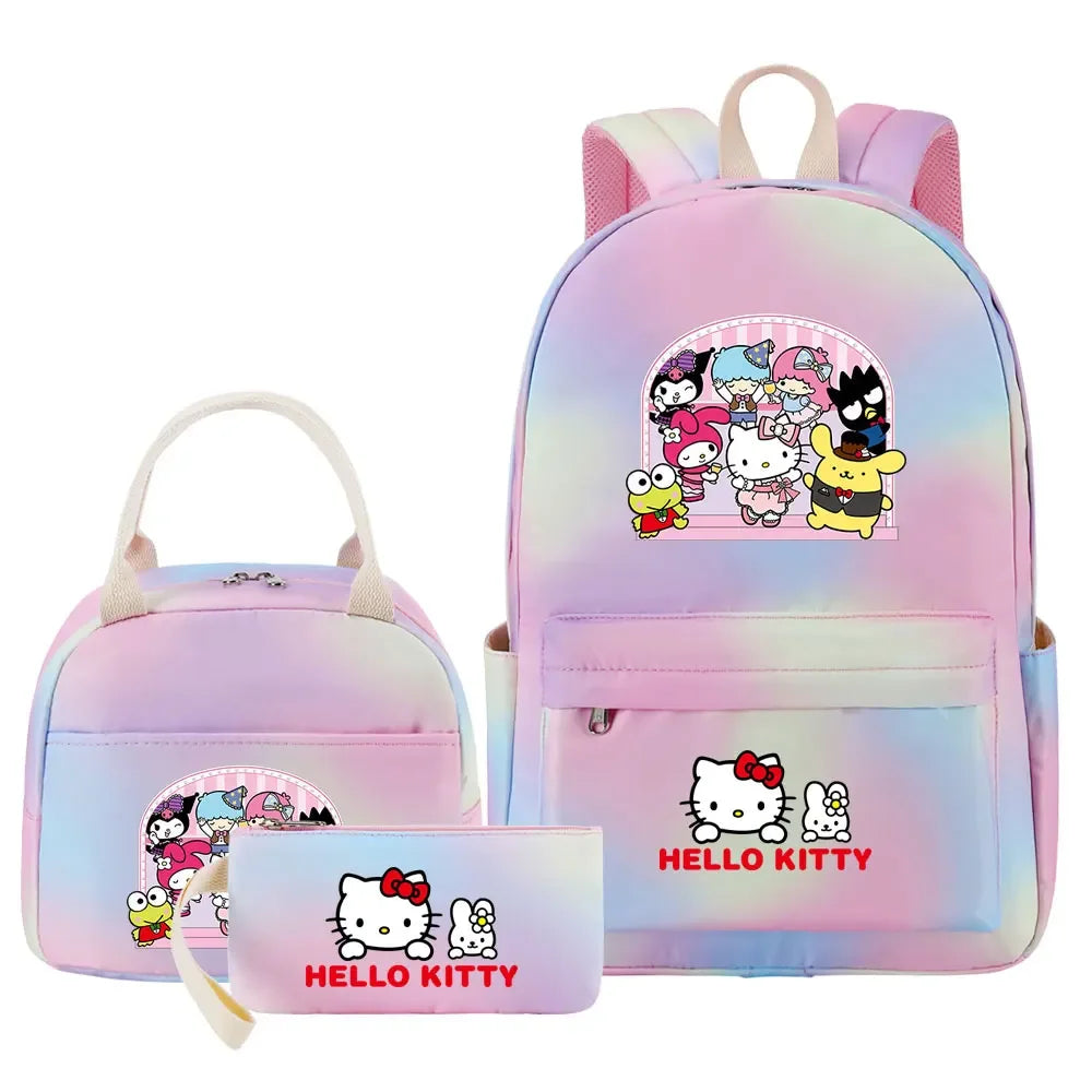 New Hello Kitty Printed Girls Kids Pen Lunch Bags Bookbags 3 Pcs Women Teenagers Schoolbags Travel Laptop Rainbow Backpack
