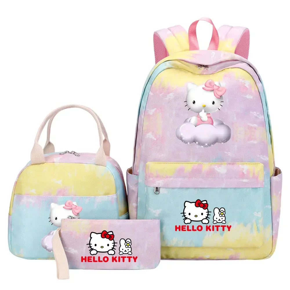 New Hello Kitty Printed Girls Kids Pen Lunch Bags Bookbags 3 Pcs Women Teenagers Schoolbags Travel Laptop Rainbow Backpack