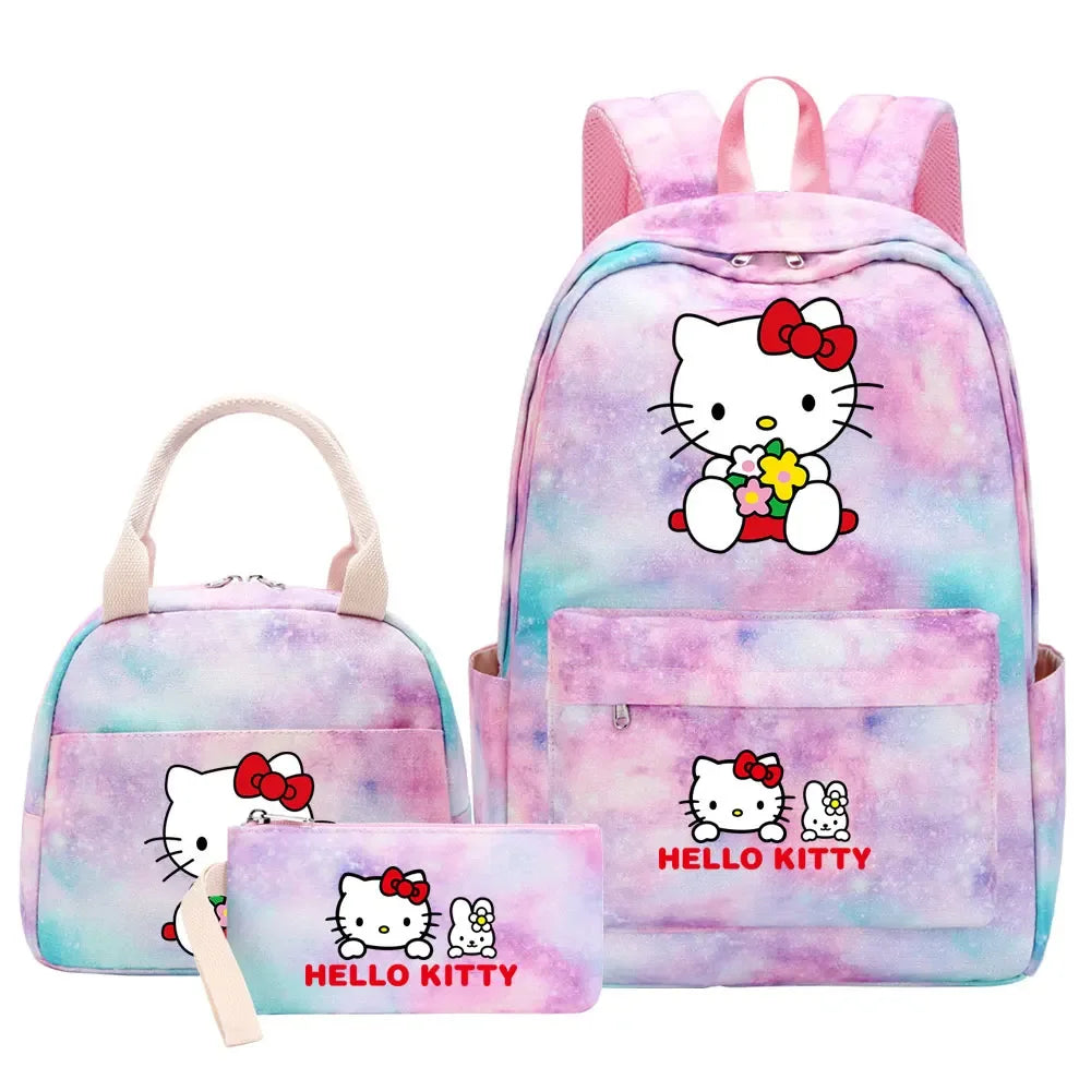 New Hello Kitty Printed Girls Kids Pen Lunch Bags Bookbags 3 Pcs Women Teenagers Schoolbags Travel Laptop Rainbow Backpack