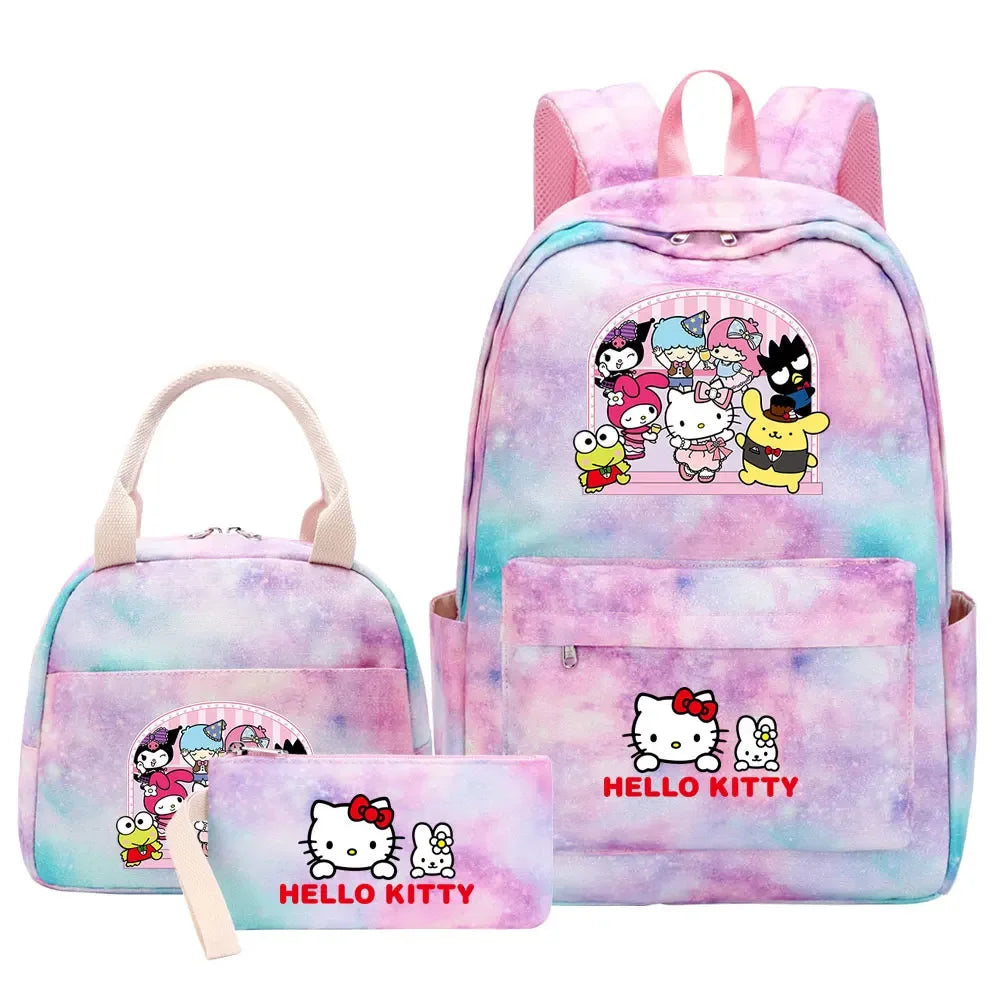 New Hello Kitty Printed Girls Kids Pen Lunch Bags Bookbags 3 Pcs Women Teenagers Schoolbags Travel Laptop Rainbow Backpack