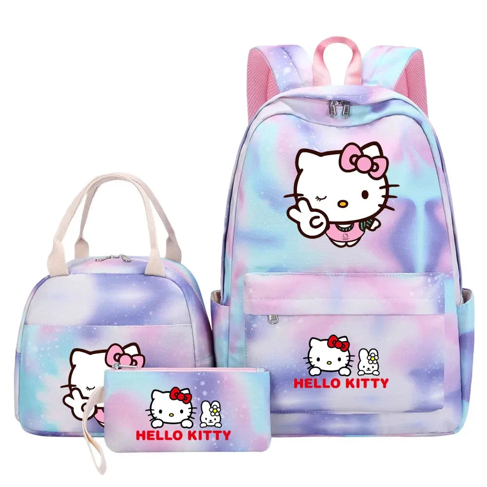 New Hello Kitty Printed Girls Kids Pen Lunch Bags Bookbags 3 Pcs Women Teenagers Schoolbags Travel Laptop Rainbow Backpack