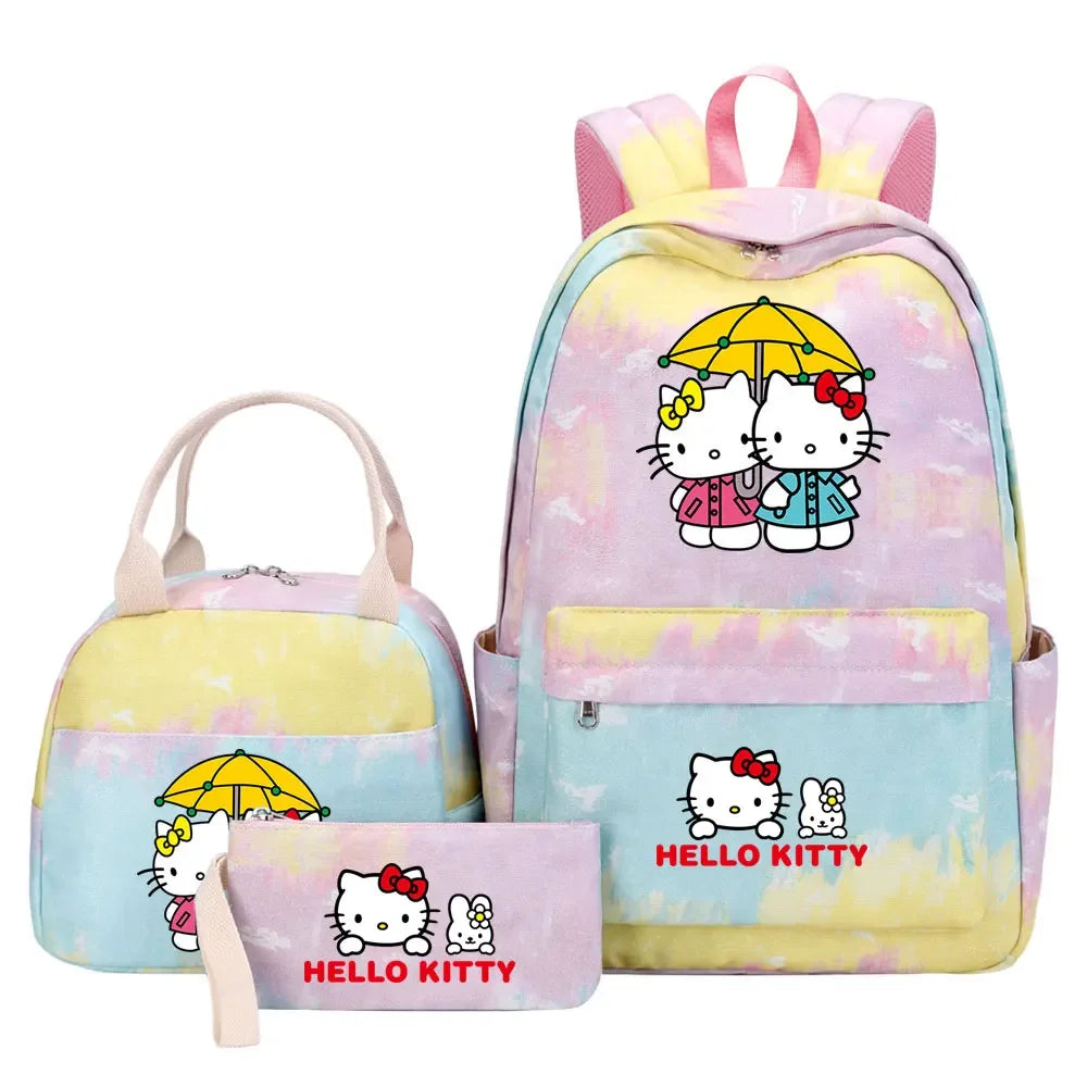 New Hello Kitty Printed Girls Kids Pen Lunch Bags Bookbags 3 Pcs Women Teenagers Schoolbags Travel Laptop Rainbow Backpack