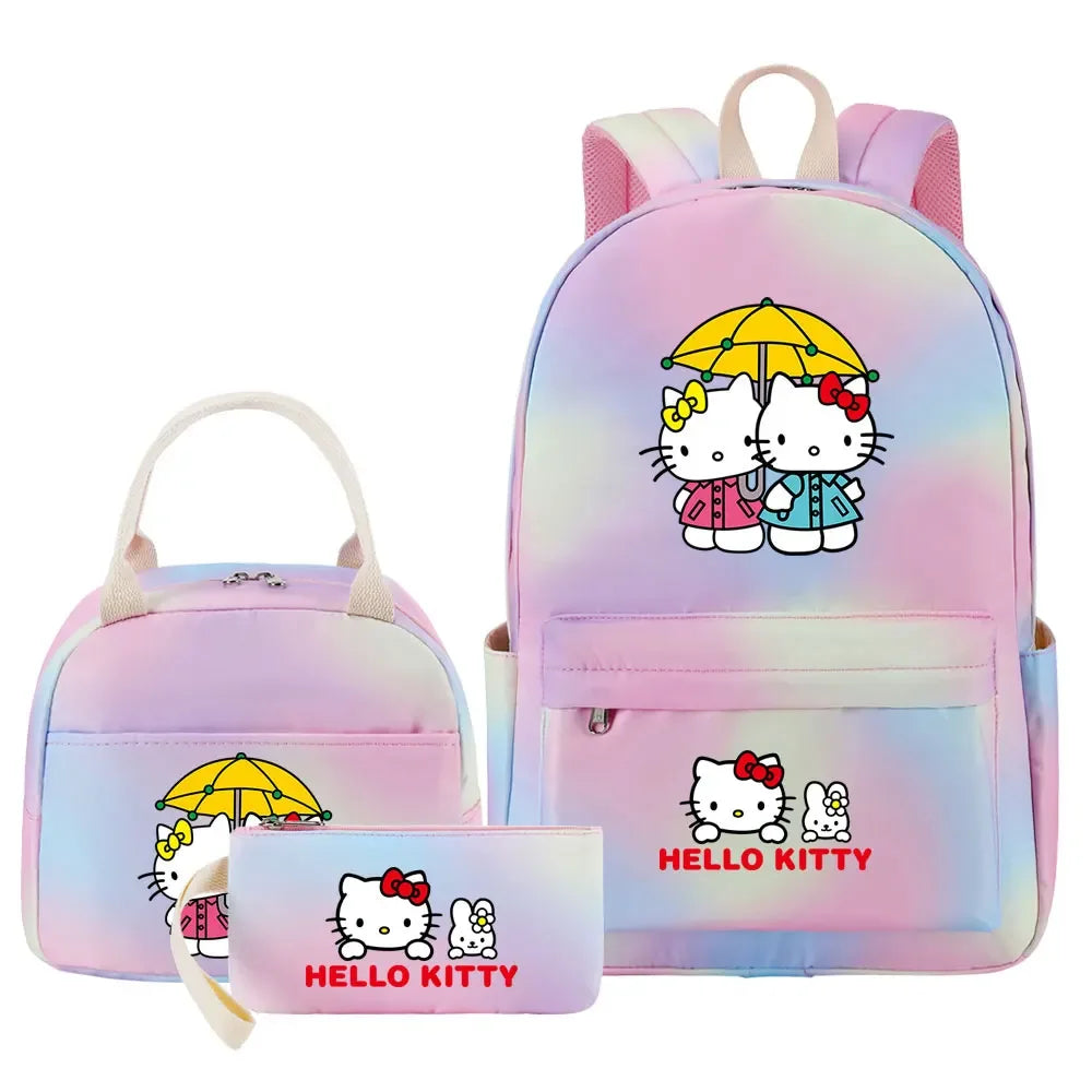 New Hello Kitty Printed Girls Kids Pen Lunch Bags Bookbags 3 Pcs Women Teenagers Schoolbags Travel Laptop Rainbow Backpack